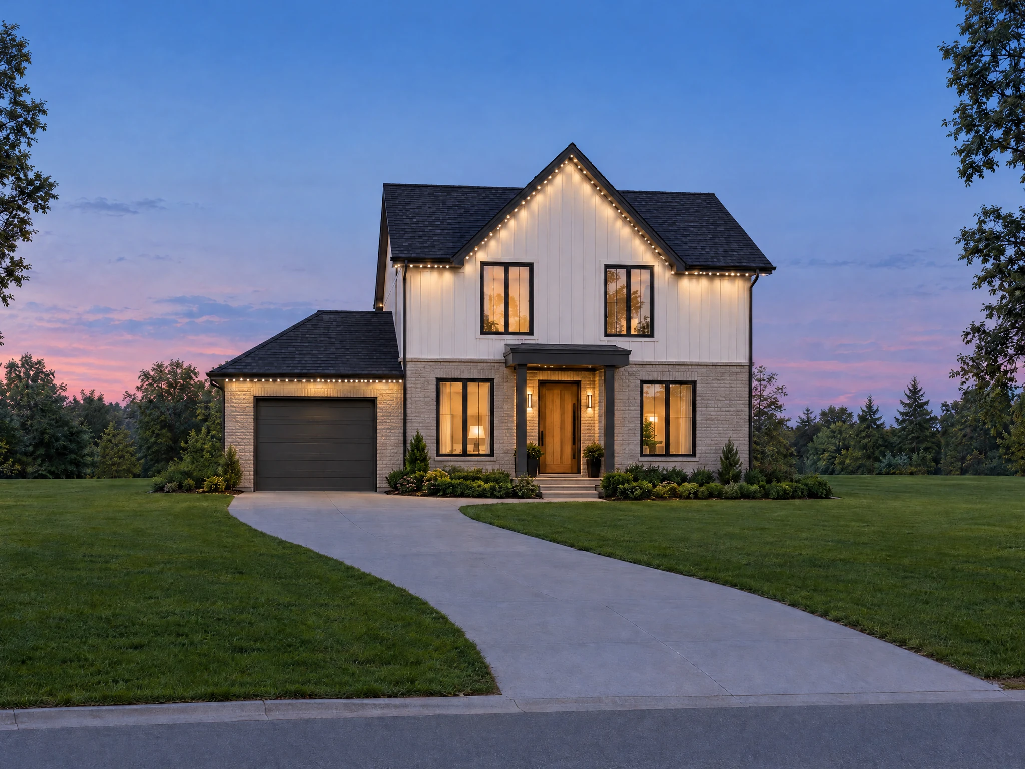The Essential permanent lighting kit concept: the same modern home with white roofline LED lights at blue hour.