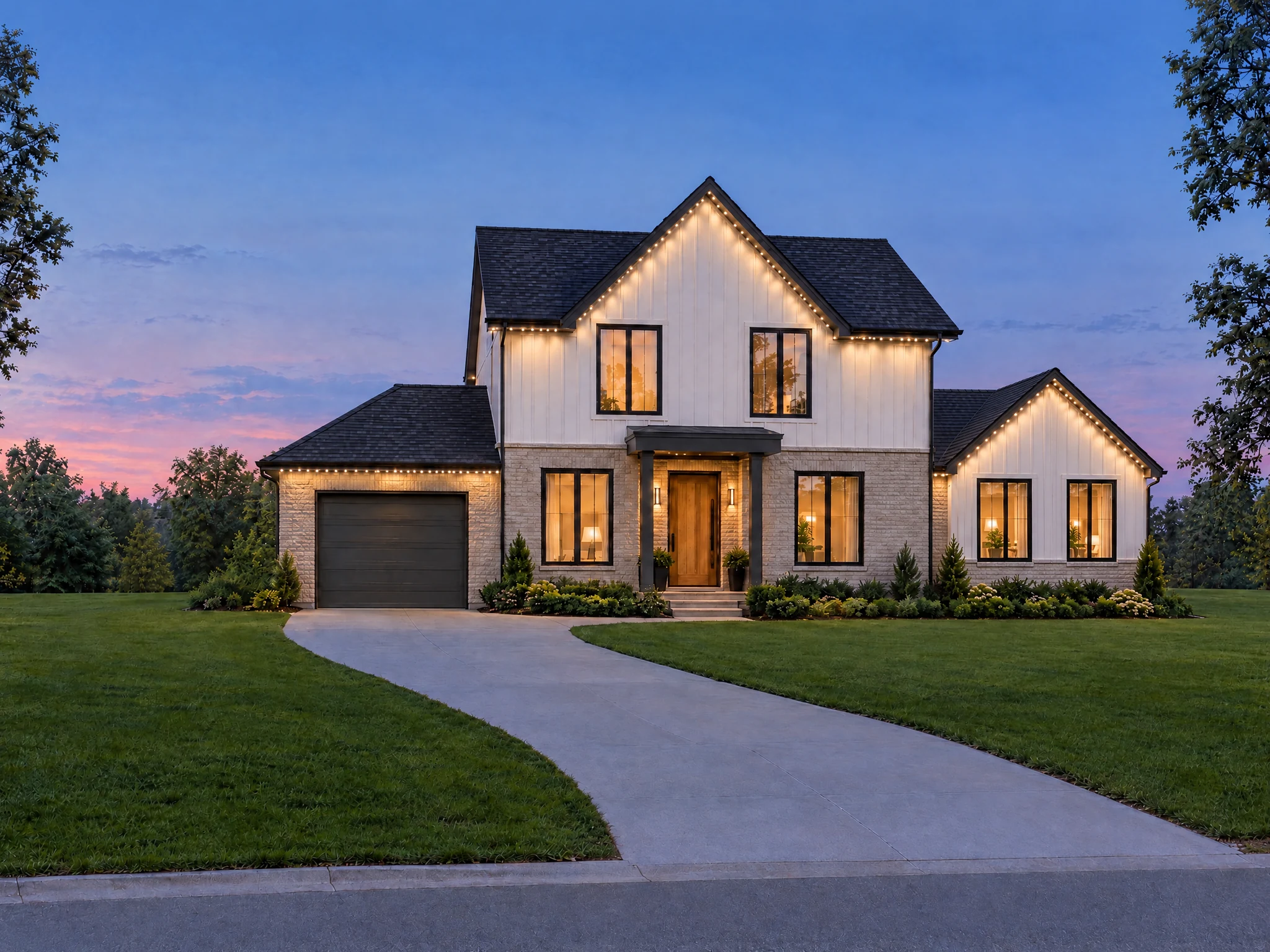The Signature permanent lighting kit concept: the same modern home with connected additions and increased white roofline LED coverage at blue hour.
