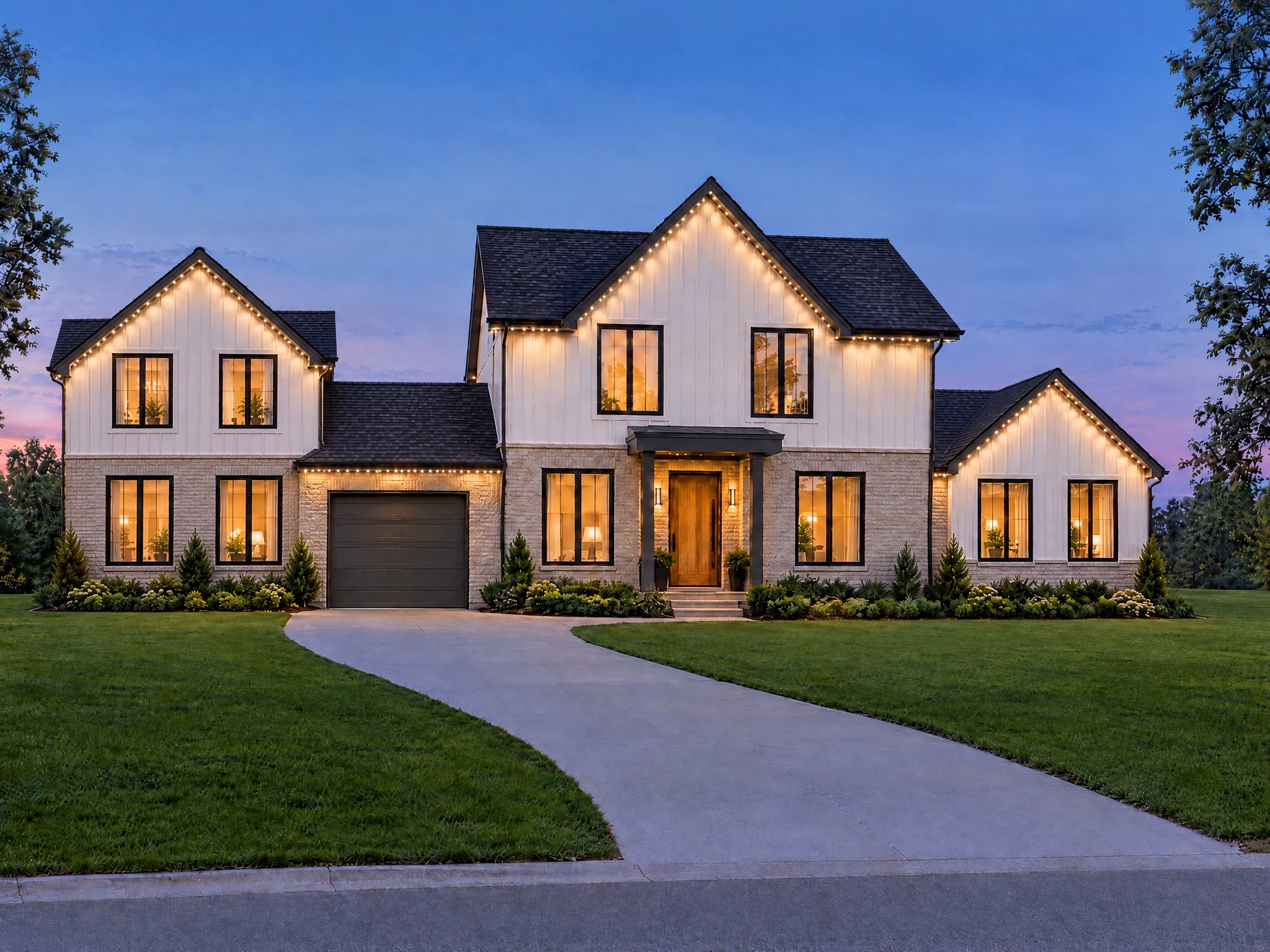 The Grand permanent lighting kit concept: the same modern home with connected additions and increased white roofline LED coverage at blue hour.