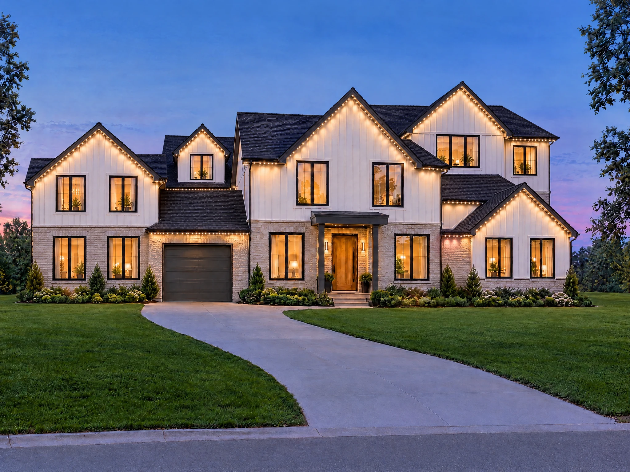 The Estate permanent lighting kit concept: the same modern home with connected additions and increased white roofline LED coverage at blue hour.